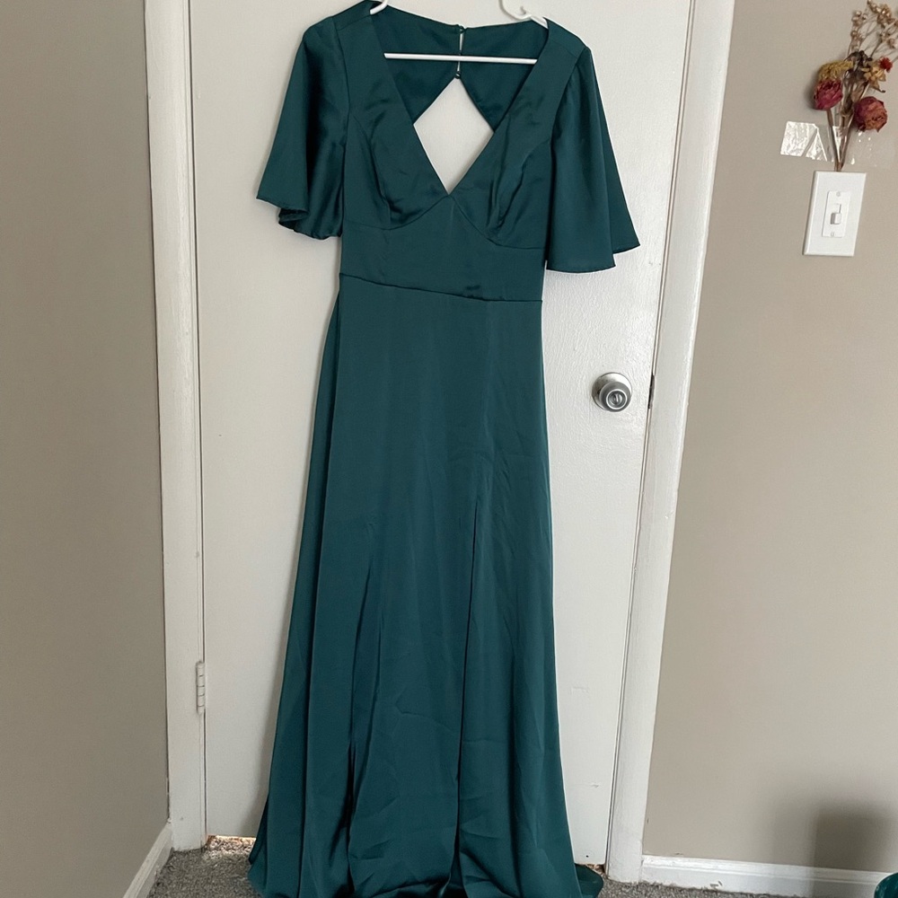 Lulus teal dress floor length open back formal sleeves